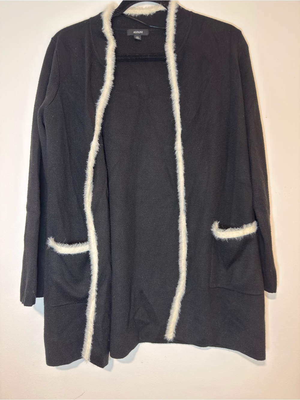 Black Open Cardigan with white Faux-Fur Trim